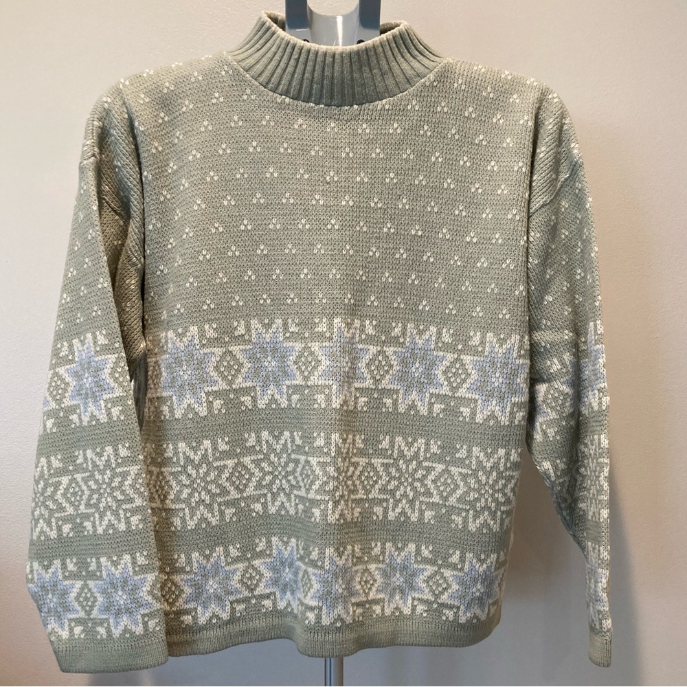 90s Y2K Basic Editions Light Grayish-Blue Fair Isle Snowflake Sweater Mock‎ Neck